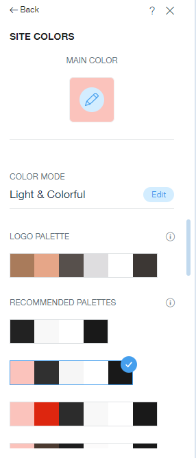 The Wix site colors toolbar selector, with black, white, and pink palettes.