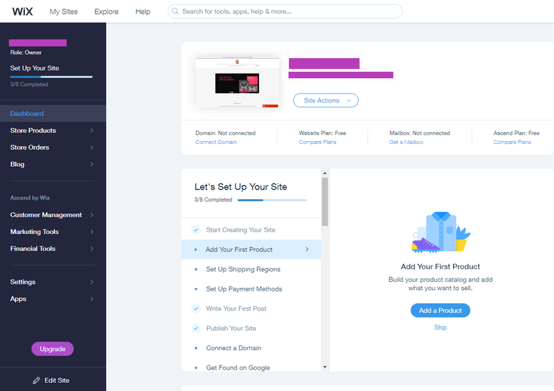 Wix onboarding screen showing steps to set get a website up-and-running.