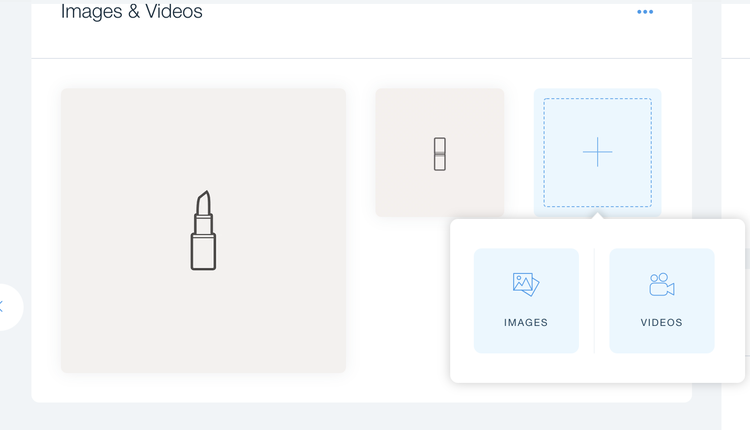 A placeholder product drawing of a lipstick with a popup option to upload an image or a video.