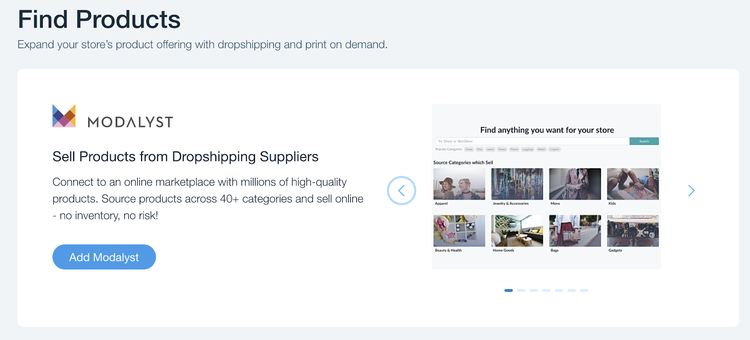 Wix eCommerce “Find Products” section with a gallery on the right and text explaining dropshipments on the left.
