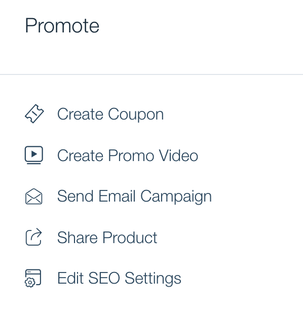 Wix eCommerce’s product promotion toolbar featuring options to create a coupon, make a promo video, edit SEO and more.
