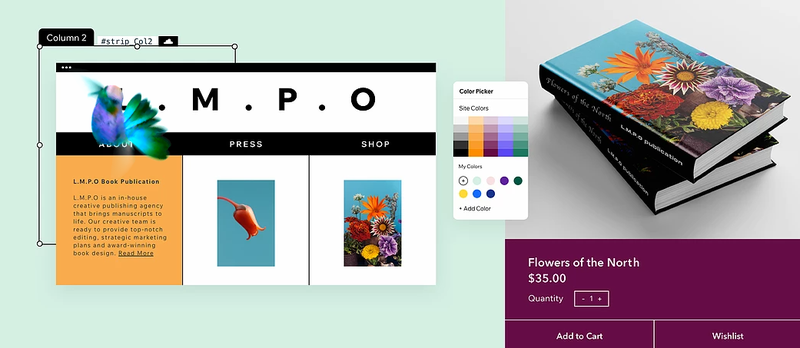 Wix’s color picker tool showing a website design and a selection of colors to choose from.