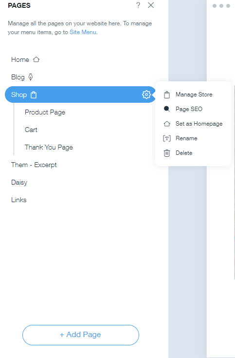 A screenshot of Wix's sidebar for adding and editing pages.