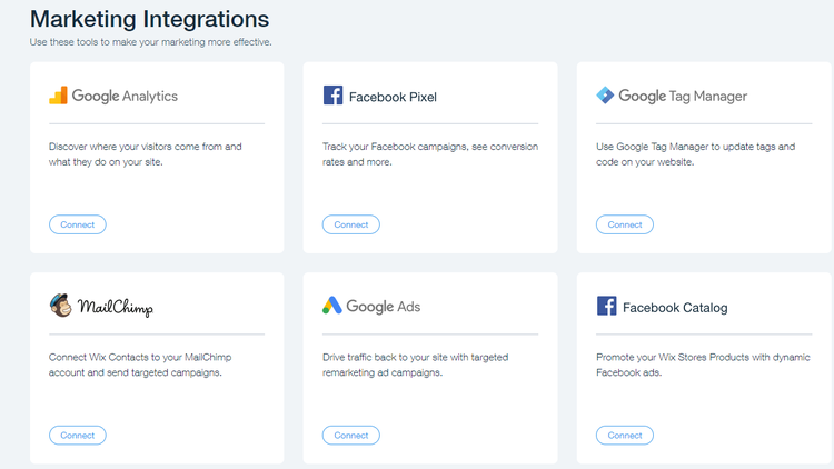 Wix's marketing integrations for promoting and managing marketing campaigns.