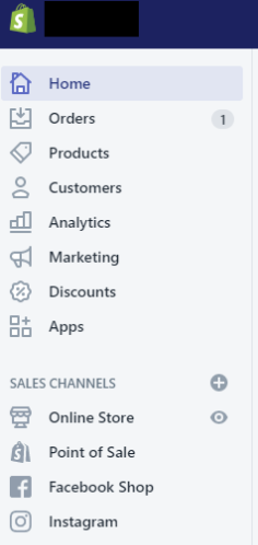 Shopify's sidebar for managing the store, customers, sales channels, and promotions.