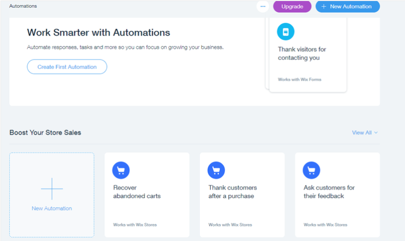 The Wix automation section for online shops.