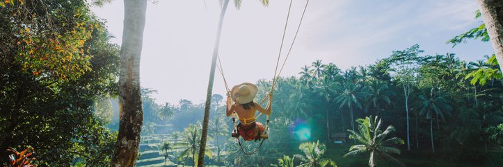 A woman sitting on a swing between palm trees overlooking a lush tropical valley.