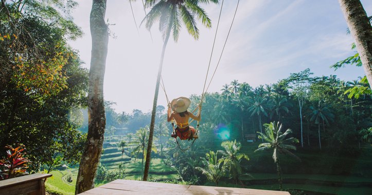 A woman sitting on a swing between palm trees overlooking a lush tropical valley.