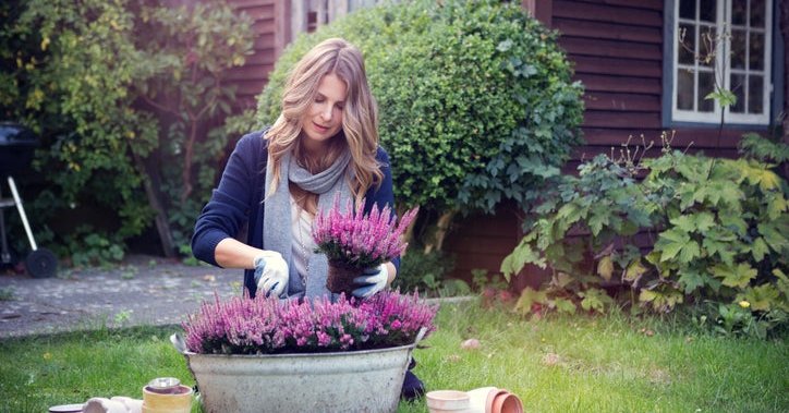 A woman planting flowers in a large pot in her yard with her house in the background.