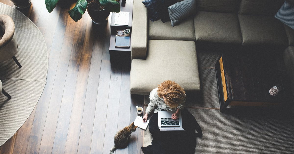 A woman sitting on the floor of her living room with her cat while working on her laptop.