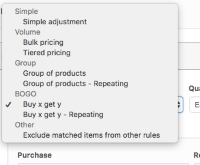 WooCommerce dynamic pricing option dropdown with options for simple adjustment, volume pricing, BOGO, etc.