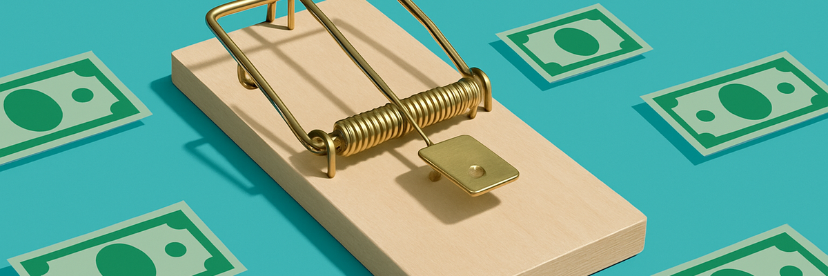 A wooden mouse trap with fake dollar bills on an aqua-colored background.
