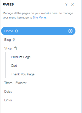 The page management menu on Wix.