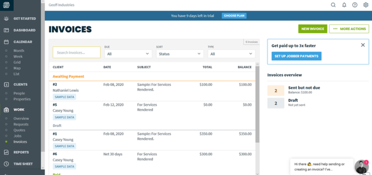 A screenshot of Jobber’s invoices dashboard.