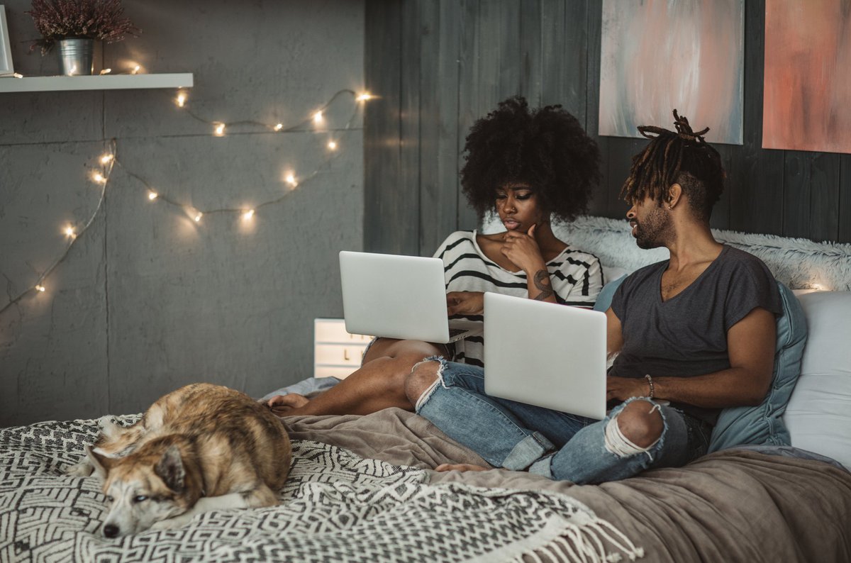 A young couple sitting on their bed with their dog and each shopping online with their laptops.