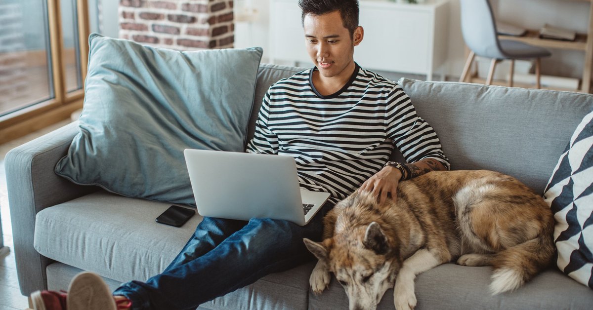 A young man working on a laptop from his couch with his dog sitting next to him.
