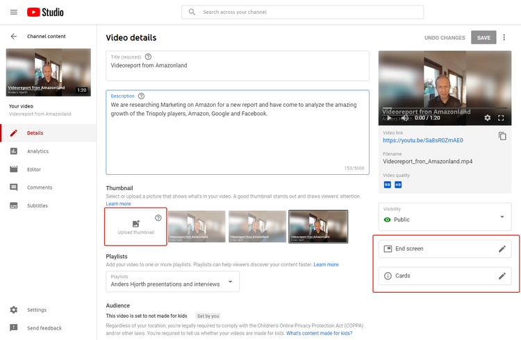 Screenshot from YouTube Studio showing the final screen and cards.