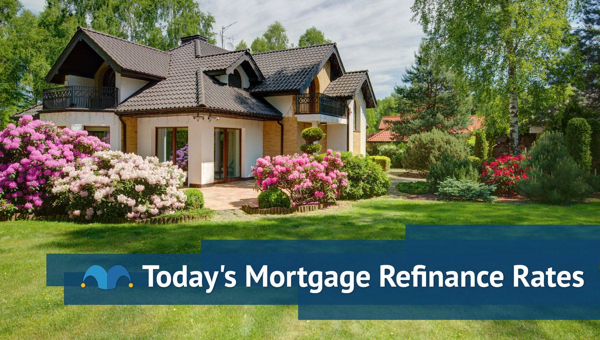 Large home surrounded by greenery with Today's Mortgage Refinance Rates graphic.