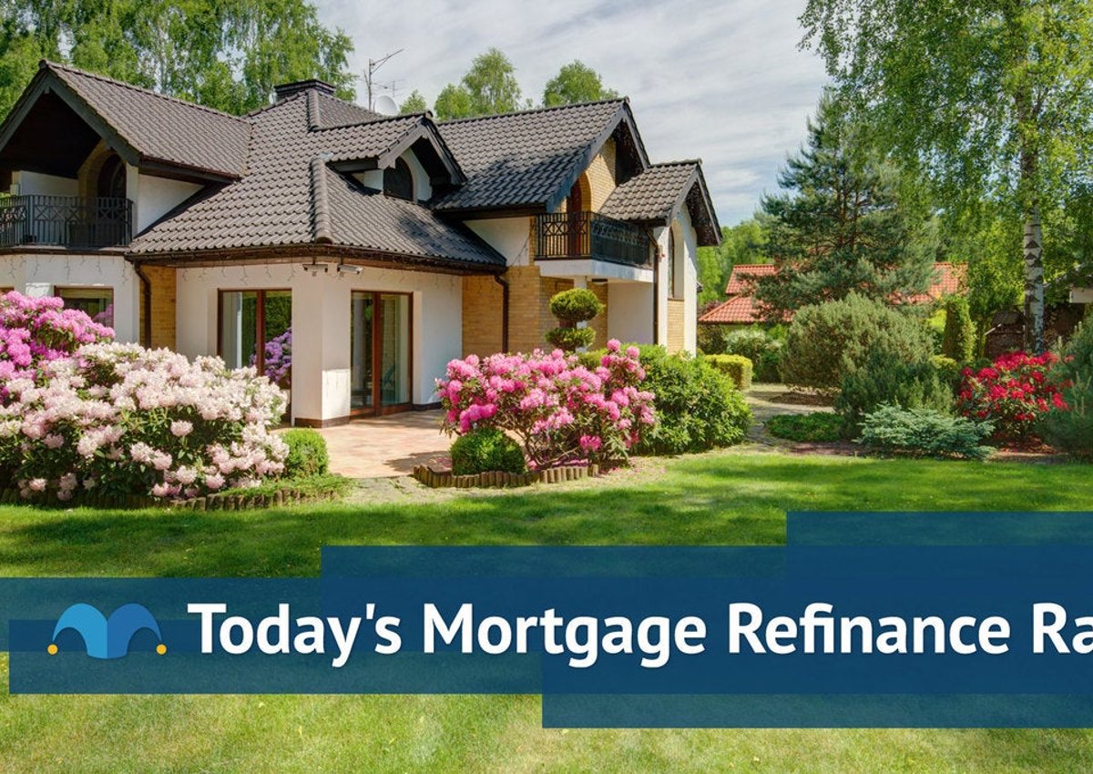 Large home surrounded by greenery with Today's Mortgage Refinance Rates graphic.
