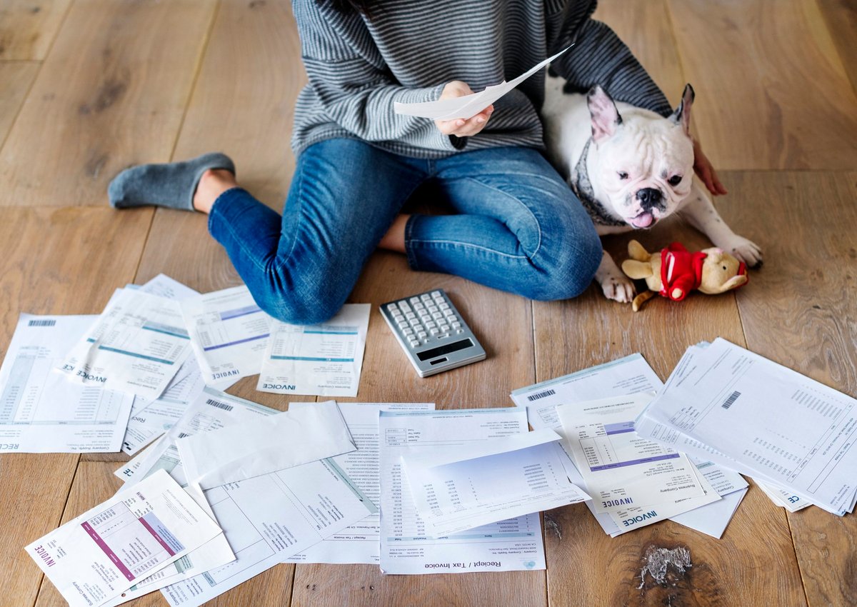 A woman and her bulldog looking through a pile of bills on the floor.