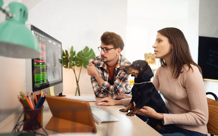 Dvoje mladih odraslih sa psom zajedno trguju kripto na stolnom računalu kod kuće.