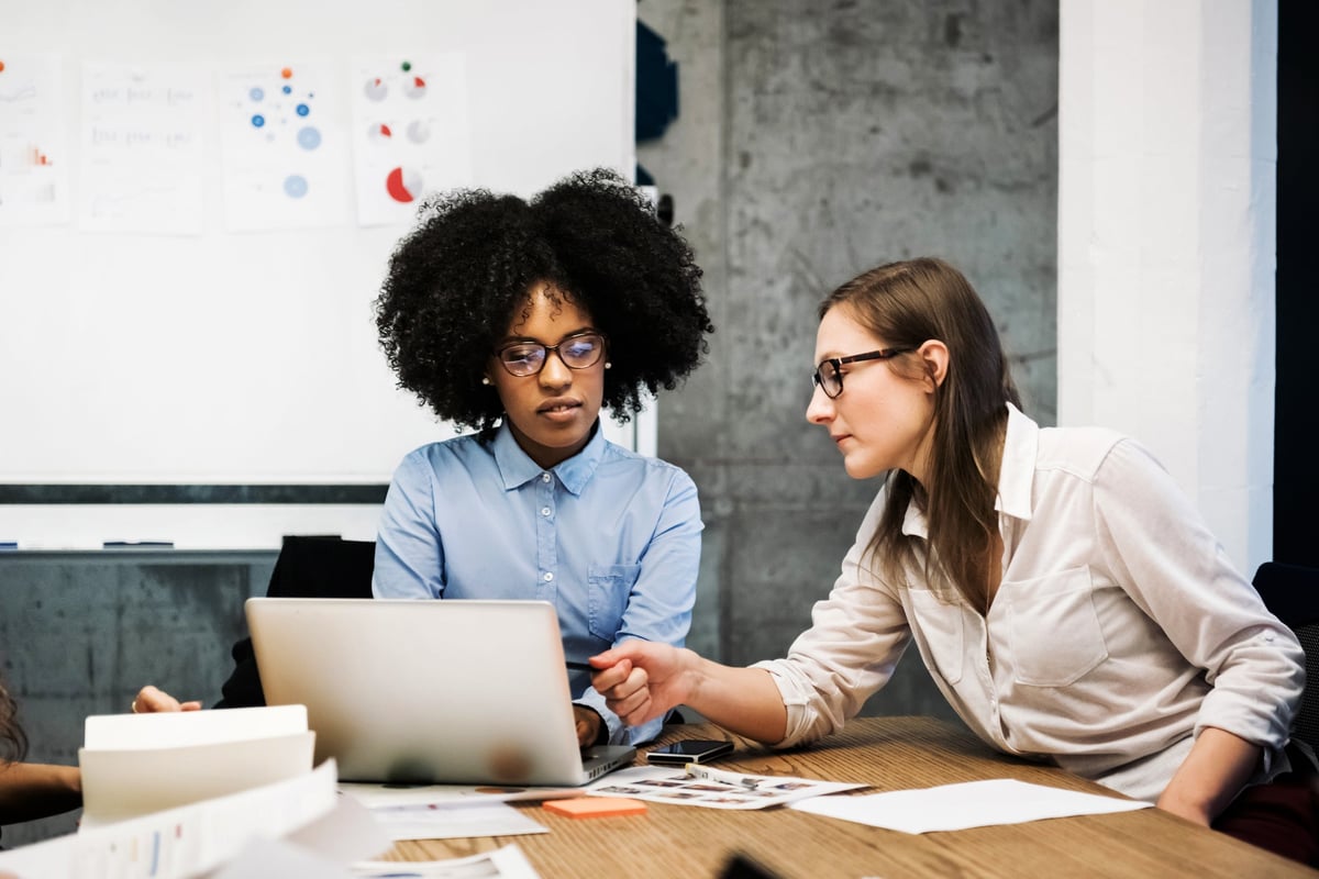 Two business workers discussing pie charts and financial documents, one of them pointing at computer screen.