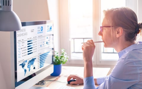 Woman reading at a computer in a sunny office.