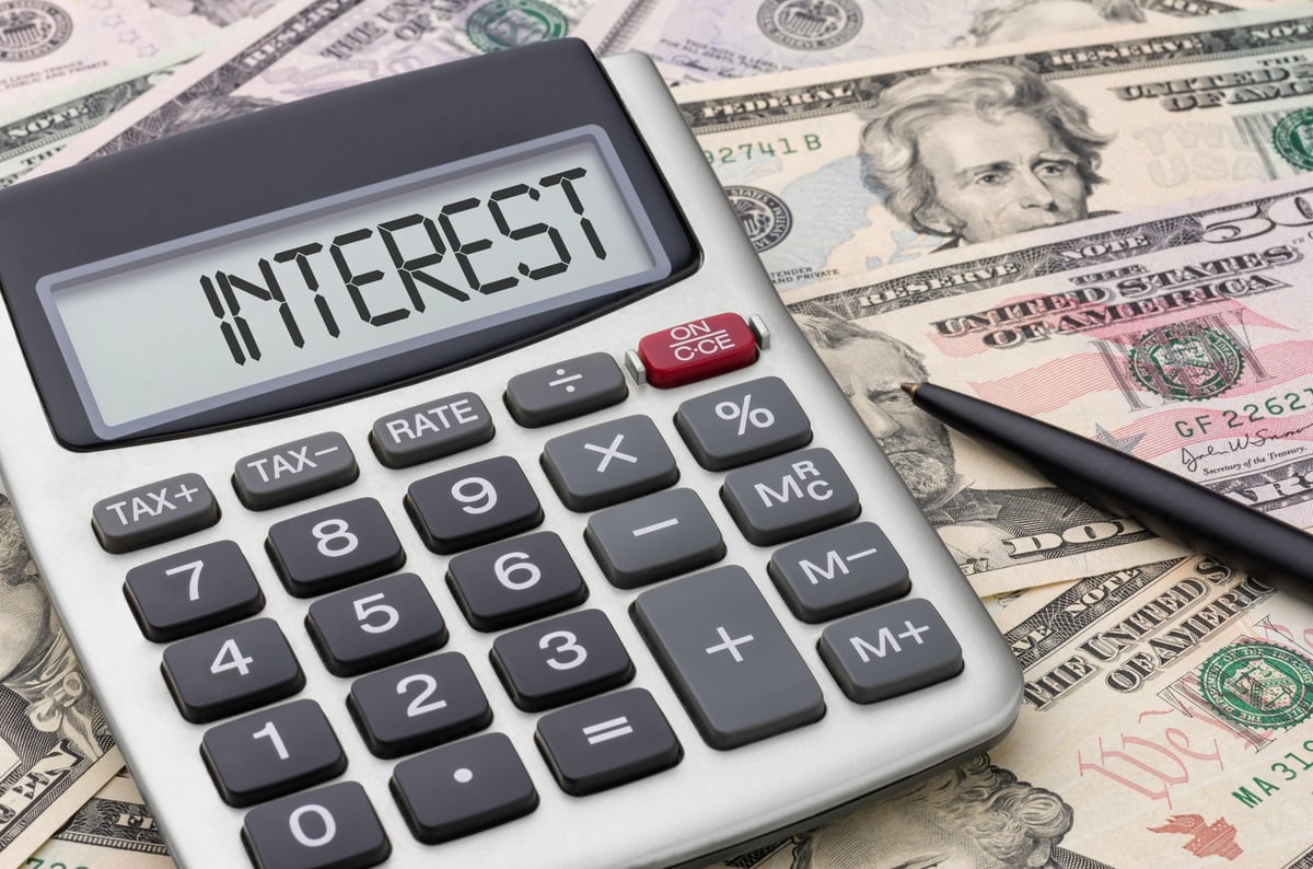 A calculator that says interest sitting on top of U.S. currency.