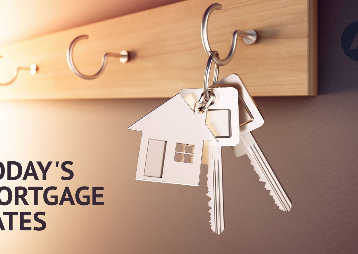 House keys hanging from a key hook with Today's Mortgage Rates graphic.