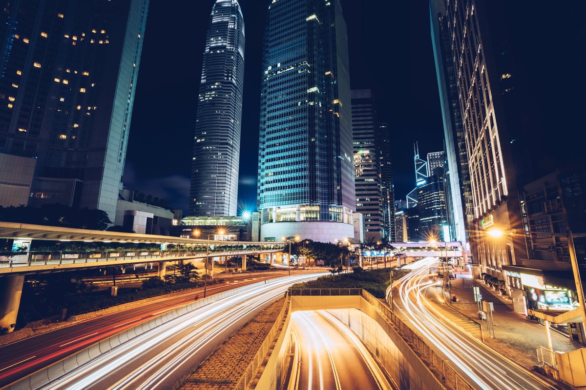 Bright city lights at nighttime.