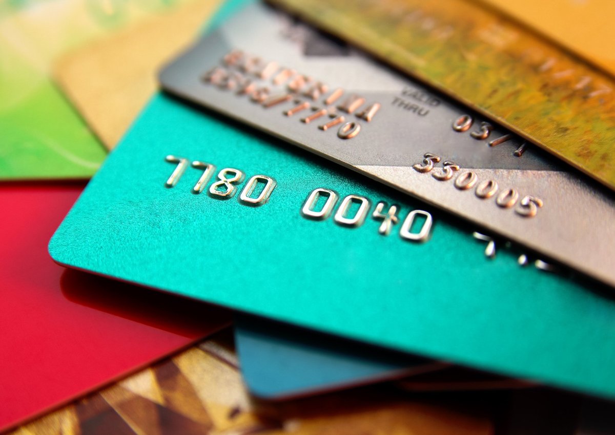 A pile of colorful credit cards.