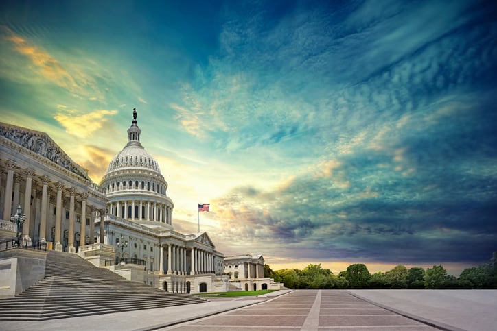 Stormy skies and an empty plaza in front of the U.S. Capitol building in Washington D.C.