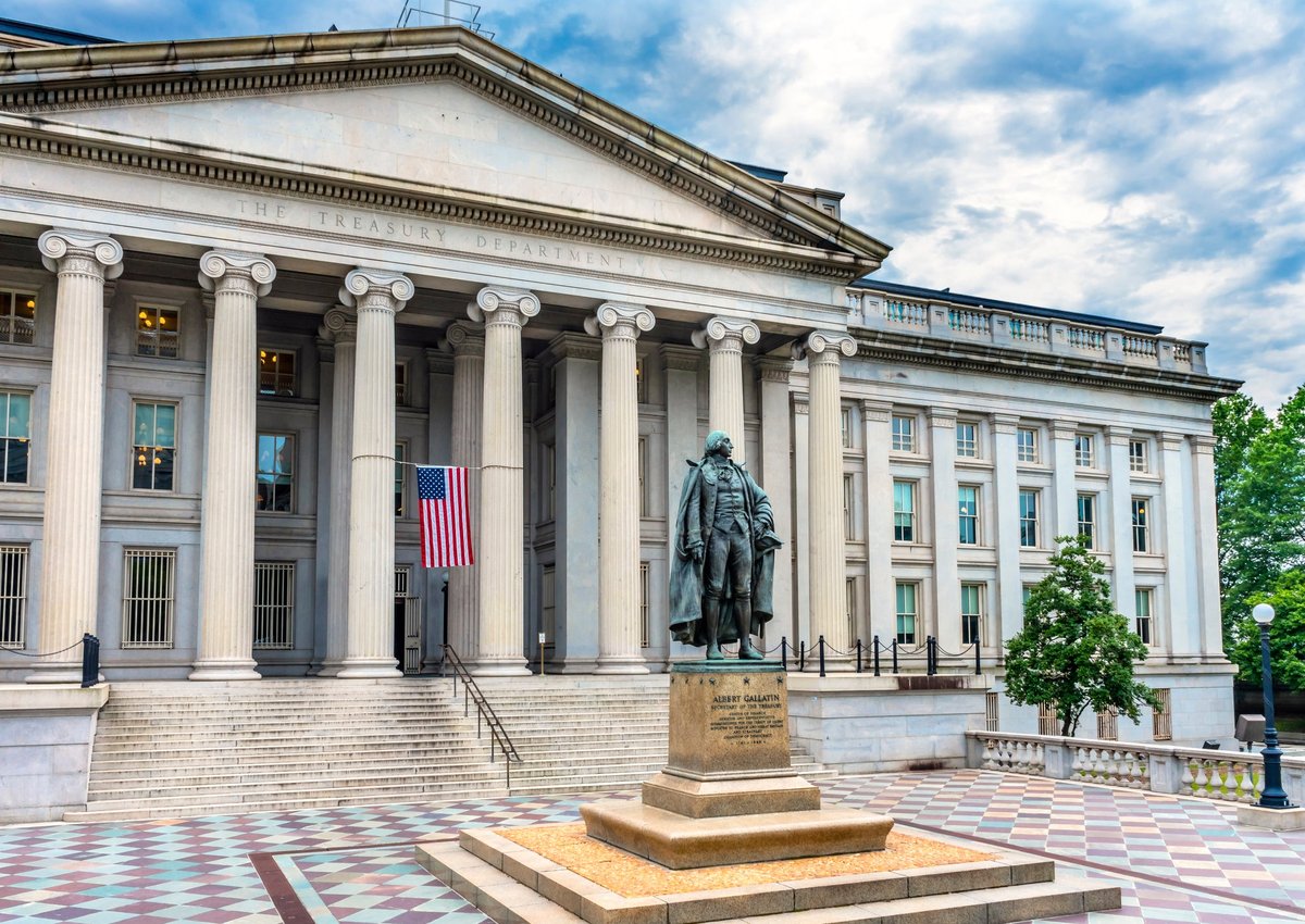 A statue in the plaza in front of the U.S. Treasury Building.