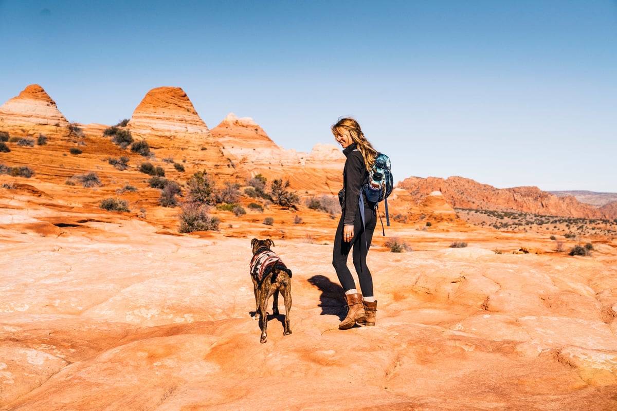 Woman hiking with dog in a southwest landscape.