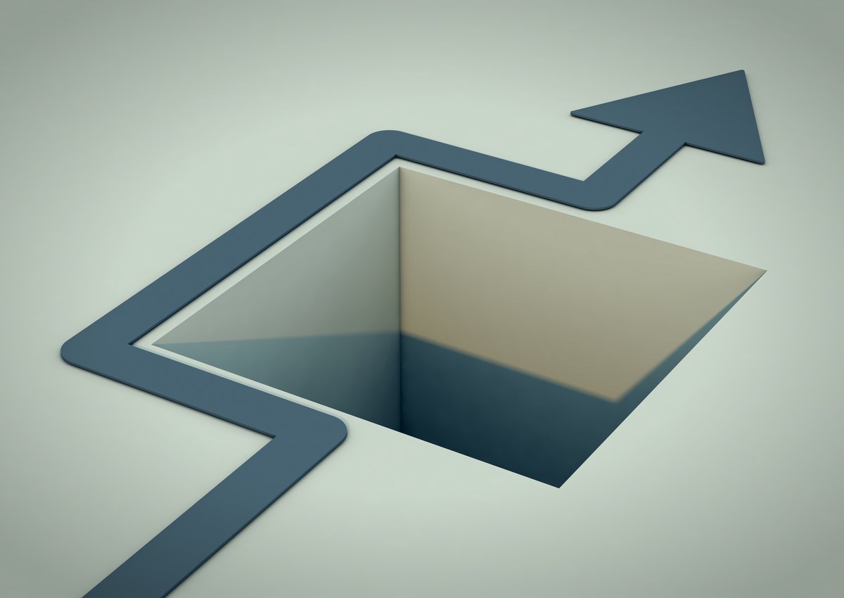 arrow approaching a hole in the ground, going around, and continuing on
