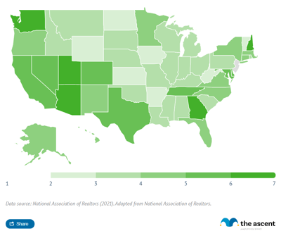 A map showing the average number of offers per home sold by state over the first three months of 2021.