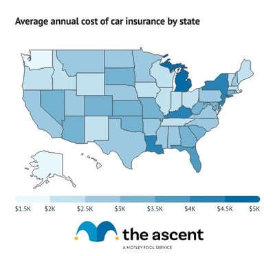 A choropleth map and table showing the average annual cost of car insurance in all 50 states.