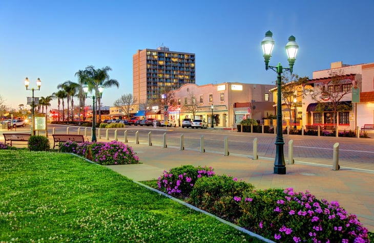 Downtown Chula Vista, California, in the evening.