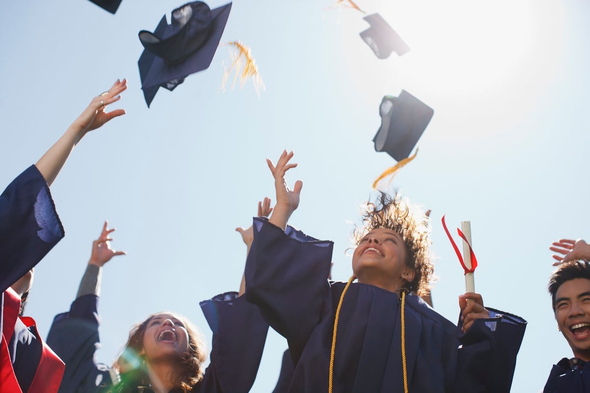 College graduates throwing their hats into the air.