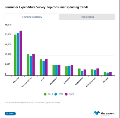 A grouped column chart showing consumer spending by category in 2019, 2020, and 2021.
