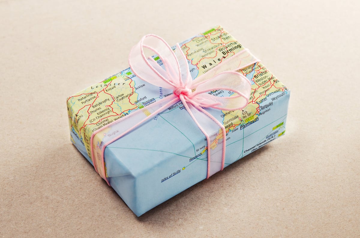 birthday gift with map wrapping paper