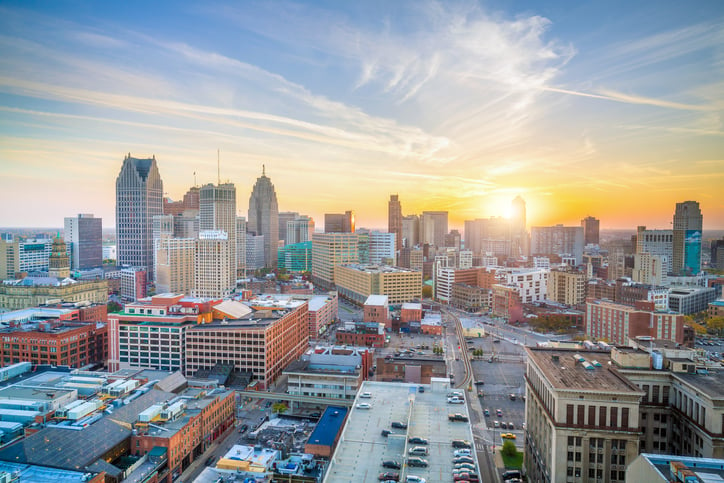 An aerial view of Detroit, Michigan, at sunset.