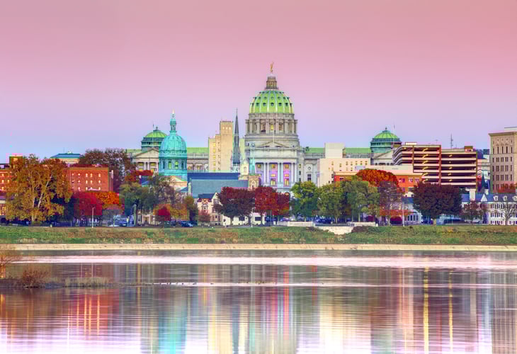 Downtown of Harrisburg, PA at dusk.