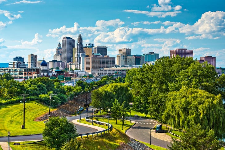 Hartford, Connecticut, with park in foreground.