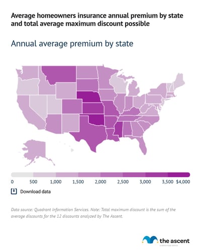 Choropleth map showing the average annual homeowners insurance rate and potential maximum discount by state.