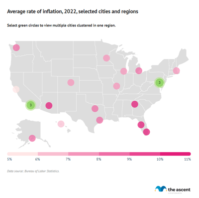 A map showing which regions experienced the most and least inflation in 2022.
