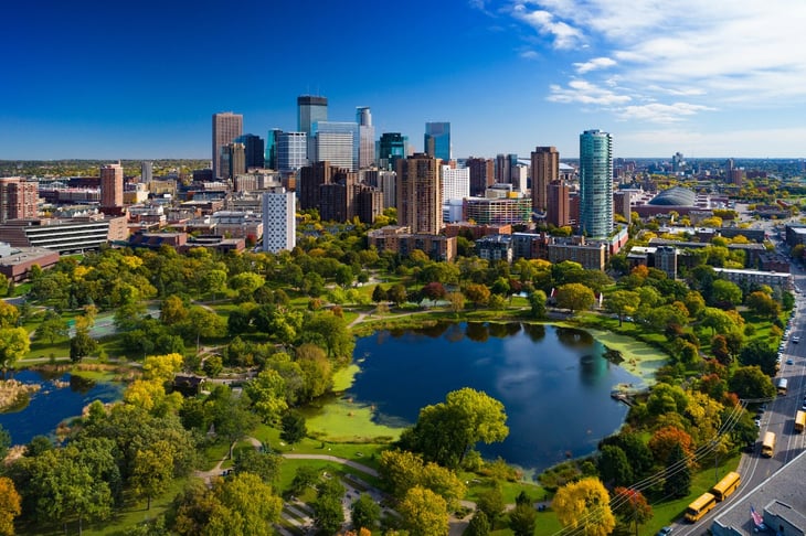 Aerial view of Minneapolis, Minnesota and lakes.