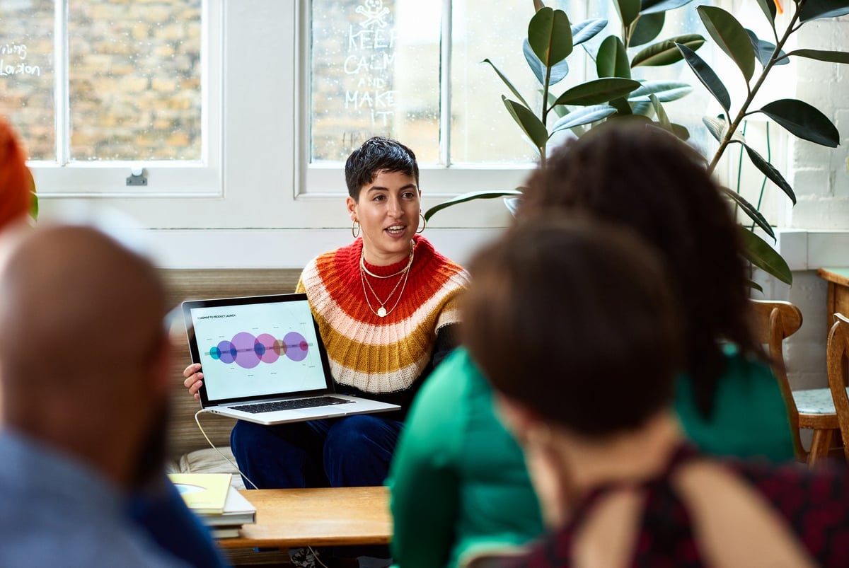A person holding a laptop and leading a meeting in an office.