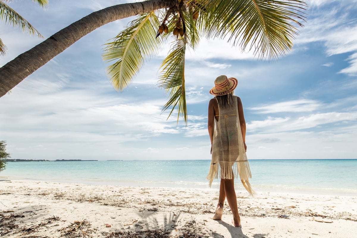 A person standing under a palm tree on a tropical beach.