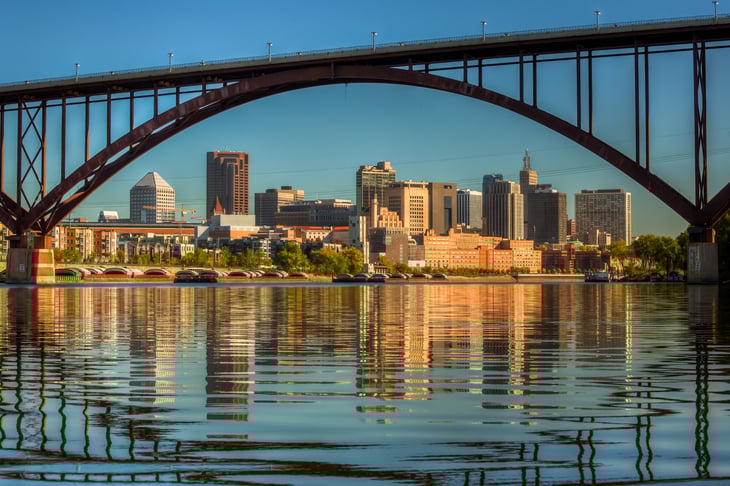 View of St. Paul, Minnesota as seen through a bridge over the city.